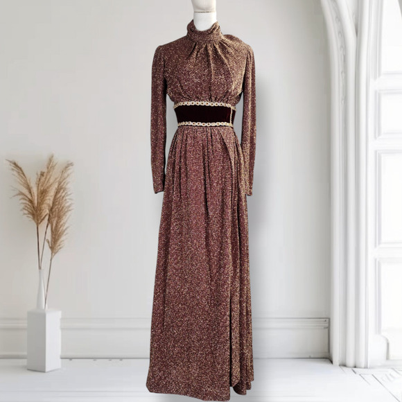 Vintage 70s Lurex Velvet Formal Dress Mock Neck Metallic Boho Holiday 0 - Picture 1 of 16